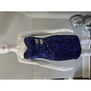 Vintage 90s Strapless Sequin Cocktail Dress Royal Blue Black Beaded Rhinestone
